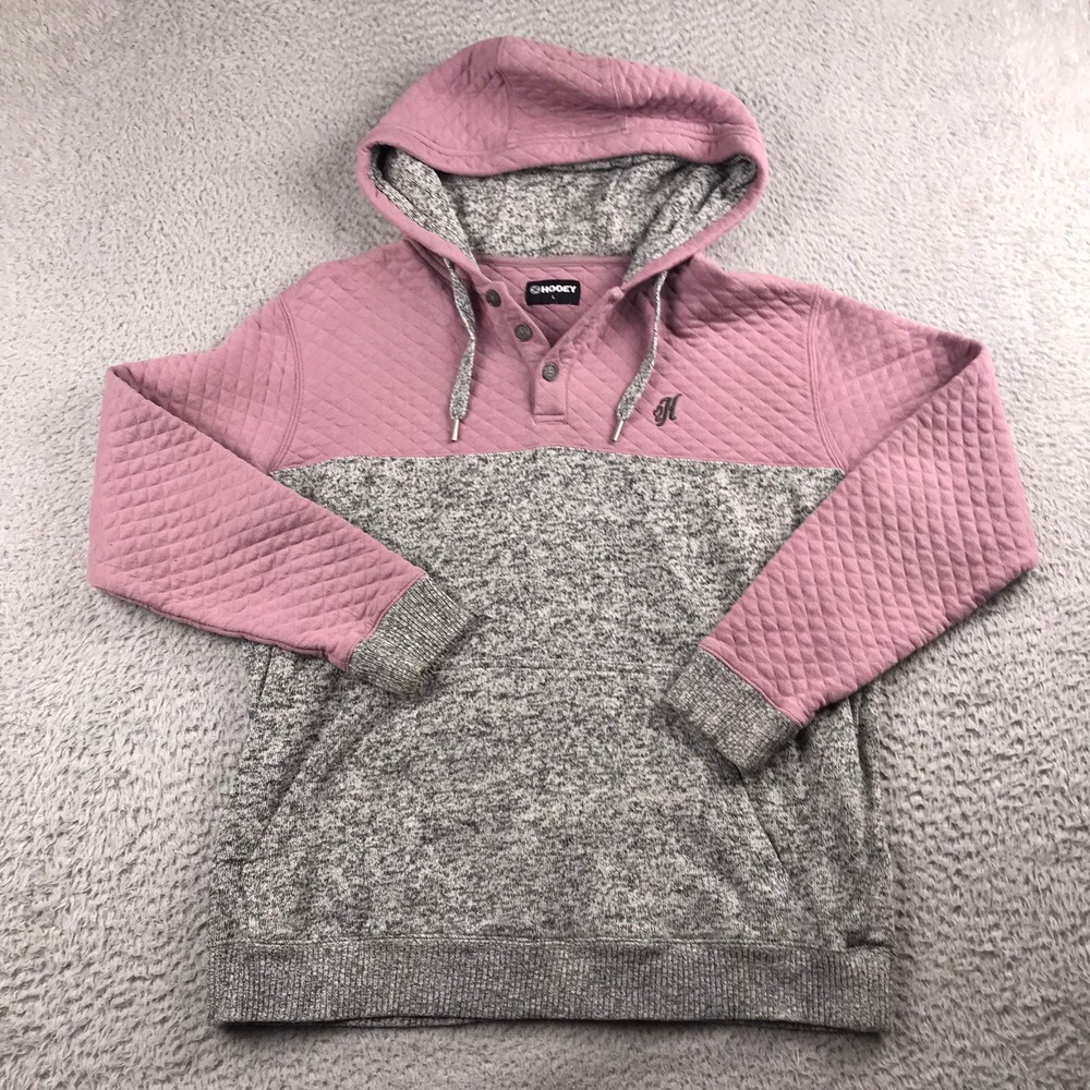 Hooey Jimmy Quilted Hoodie Women L Pink Gray Henley Pullover Sweatshirt *Flaw